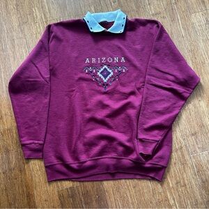 VTG Grannycore Burgundy 'Arizona' Embroidered Knit Collared Sweatshirt: L/XL